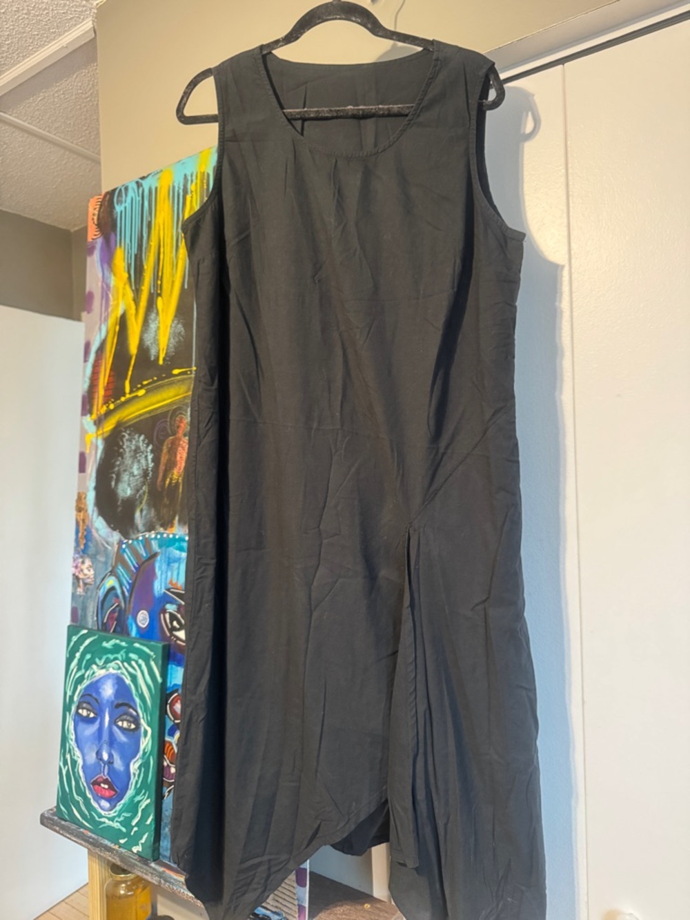Tiki Palm 1X Black Lagenlook Maxi Dress Asymmetrical Sharkbite Hem Artsy